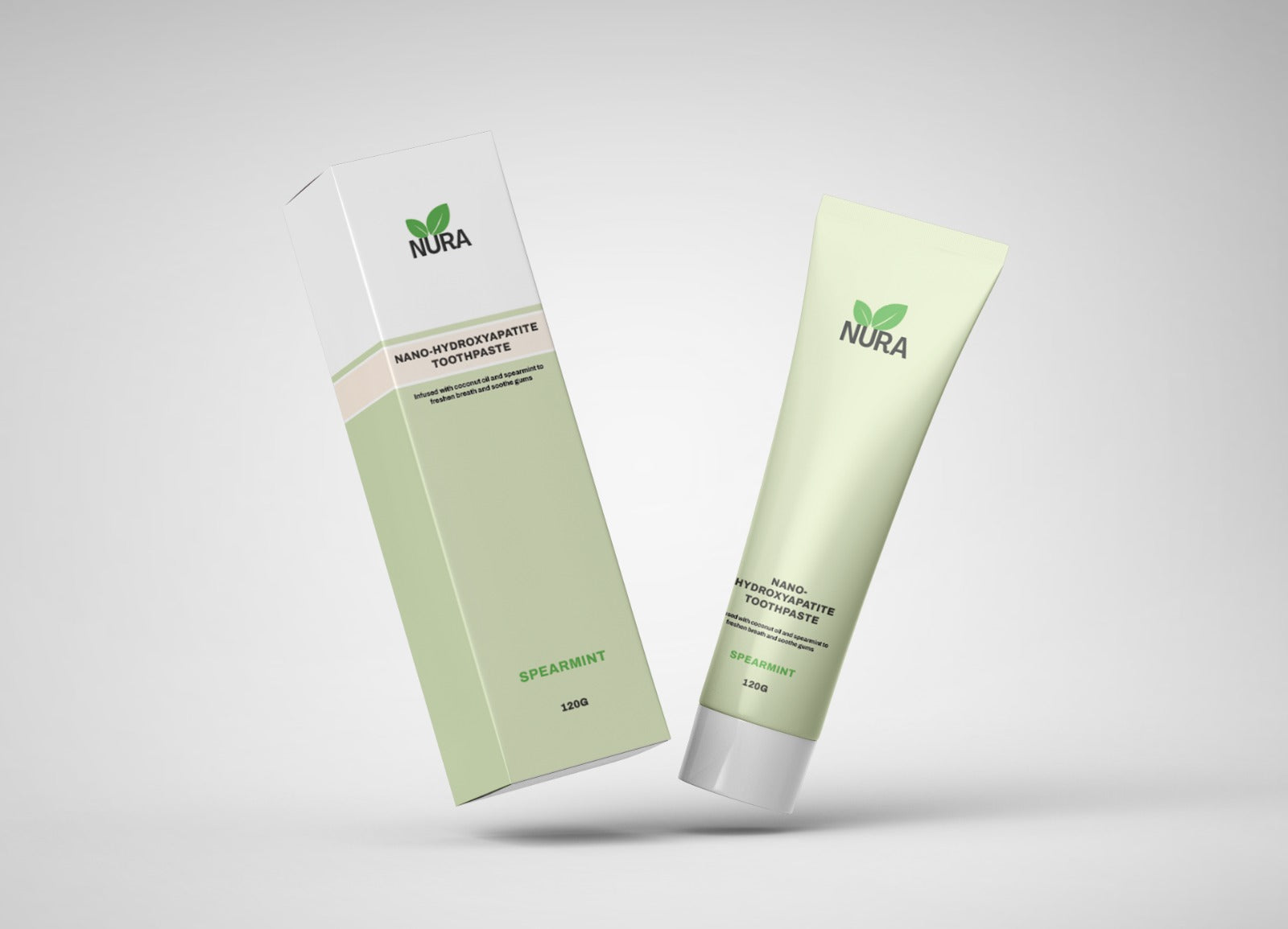 Nura toothpaste tube and packaging on a light gray background